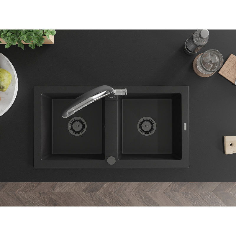 Mexen Mario granitinė dviejų dalių plautuvė su Duo virtuviniu maišytuvu, juoda - 6504-77-671701-07-B