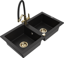 Mexen Mario granito virtuvės dviejų kamerų kriauklė su virtuves maišytuvu Duo, juoda - 6504-77-671701-57-G
