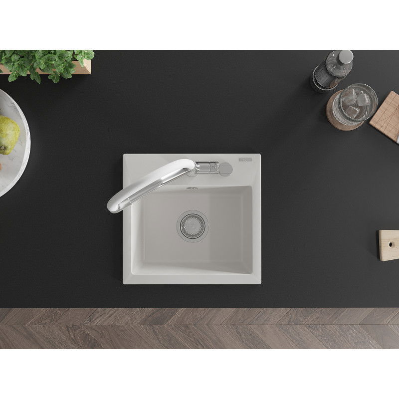 Mexen Milo granito kriauklė su vienu dubeniu ir Duo virtuviniu maišytuvu, balta - 6505-20-671701-02