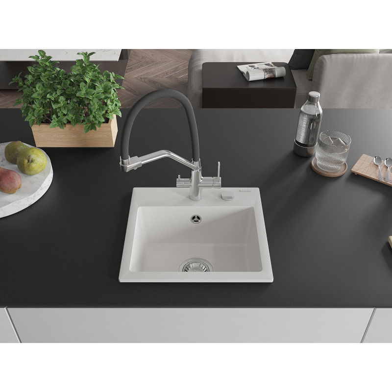 Mexen Milo granitinė vienos kameros kriauklė su Duo virtuviniu maišytuvu, balta - 6505-20-671701-07