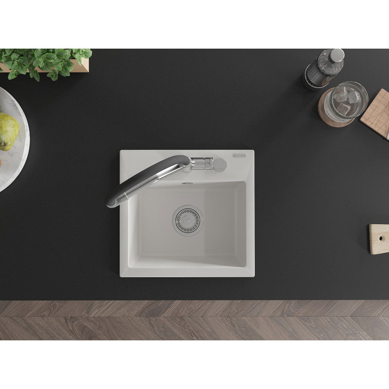 Mexen Milo granitinė vienos kameros kriauklė su Duo virtuviniu maišytuvu, balta - 6505-20-671701-07