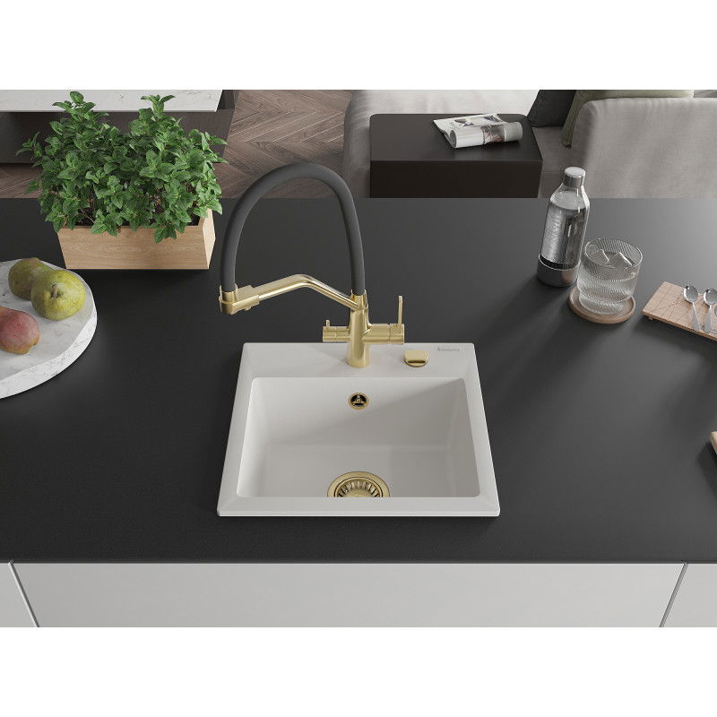 Mexen Milo vienos komoros granito kriauklė su dvigubu virtuvės maišytuvu, balta - 6505-20-671701-57-G