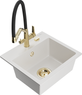 Mexen Milo vienos komoros granito kriauklė su dvigubu virtuvės maišytuvu, balta - 6505-20-671701-57-G