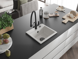 Mexen Milo vienos sekcijos granitinė virtuvės plautuvė su Duo virtuvės maišytuvu, balta - 6505-20-671701-70-B