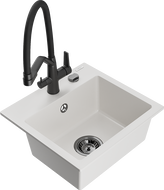 Mexen Milo granitinė vienos kameros plautuvė su virtuviniu maišytuvu Duo, balta - 6505-20-671701-70-B