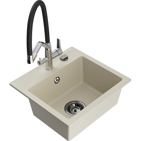 Mexen Milo granitinė vienos kameros kriauklė su virtuvės maišytuvu Duo, smėlio spalvos - 6505-69-671701-07-B