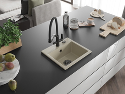 Mexen Milo granito kriauklė su viena kamera ir virtuviniu maišytuvu Duo, smėlio spalvos - 6505-69-671701-70-B