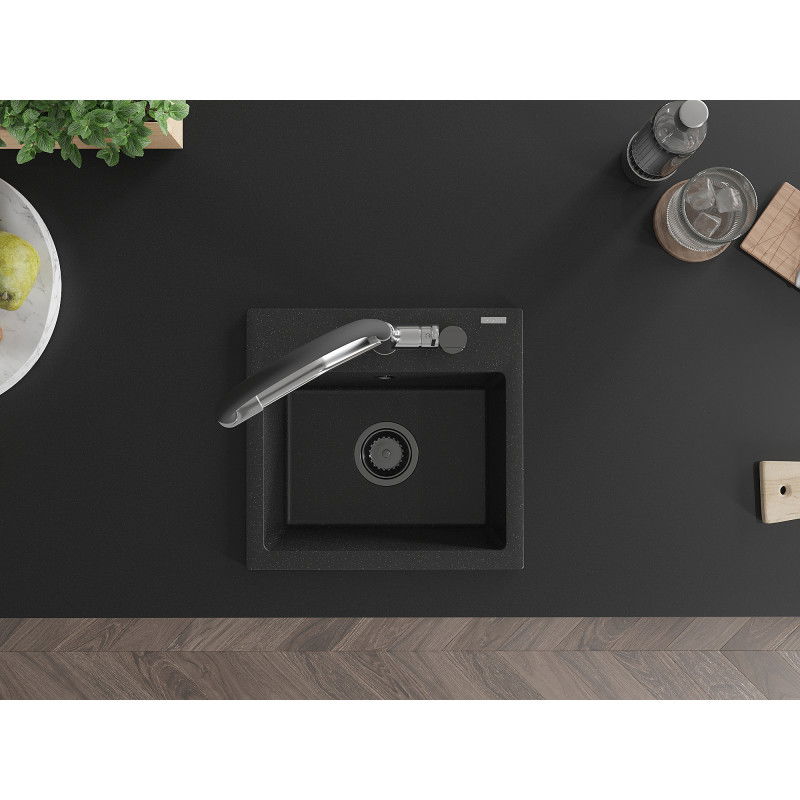 Mexen Milo granitinė vienos kameros kriauklė su virtuviniu maišytuvu Duo, juodas/sidabrinis metalikas - 6505-73-671701-07-B