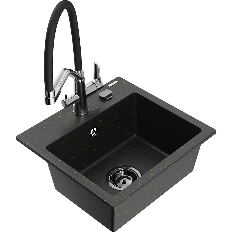 Mexen Milo granitinis vienos dubens plautuvė su Duo virtuviniu maišytuvu, juoda/auksinė metalo spalva - 6505-75-671701-07-B