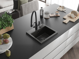 Mexen Milo vienos kameros granito plautuvė su virtuviniu maišytuvu Duo, juoda/auksinio metalo - 6505-75-671701-70-B