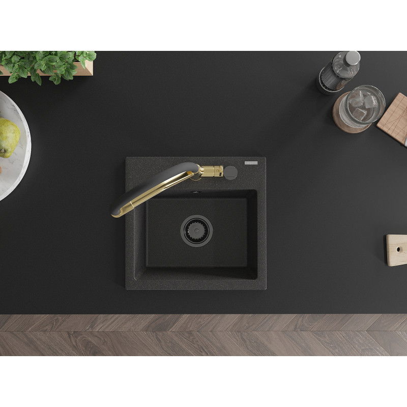 Mexen Milo vienos dubens granitinė virtuvės plautuvė su virtuviniu čiaupu Duo, juodas su taškeliais - 6505-76-671701-57-B
