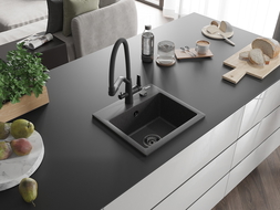 Mexen Milo granitinė vienos plautuvės komplektas su virtuviniu maišytuvu Duo, juodas taškuotas - 6505-76-671701-70-B