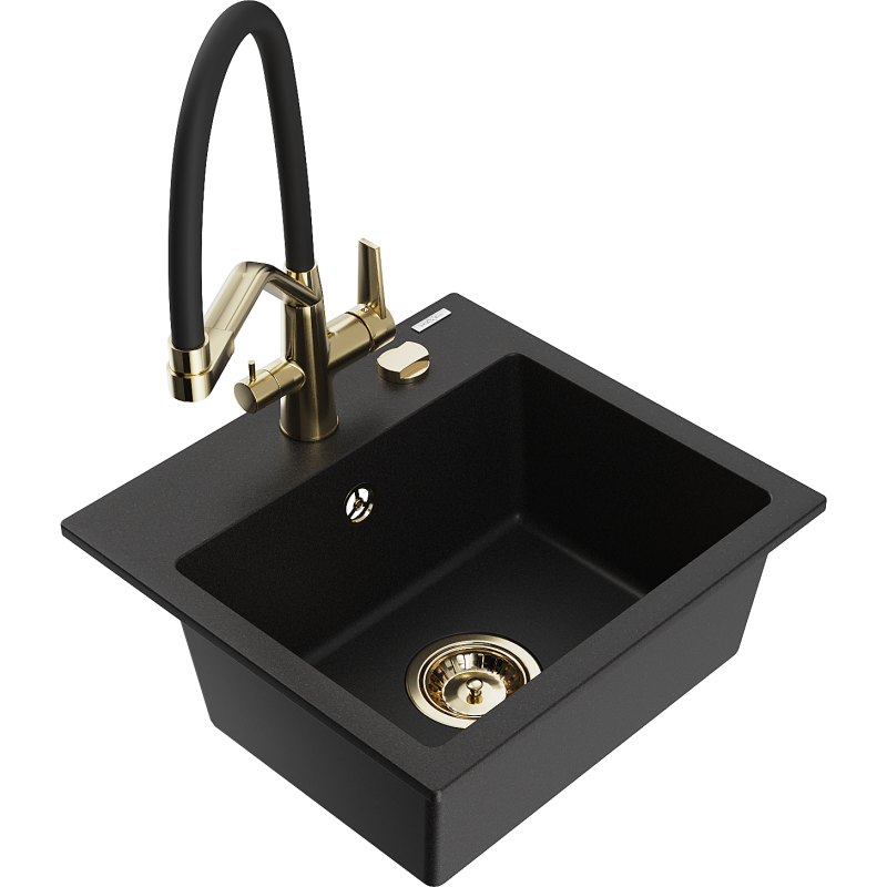 Mexen Milo vienos kameros granitinė plautuvė su virtuviniu maišytuvu Duo, juoda - 6505-77-671701-57-G