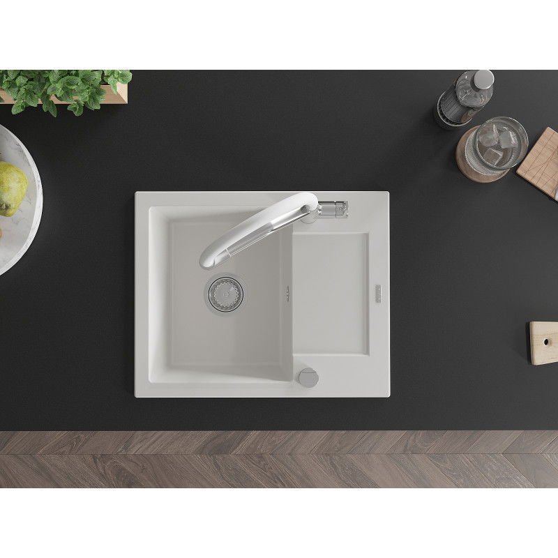 Mexen Enzo virtuvės kriauklė iš granito, 1 skyrelio, su indu ir Duo virtuvės maišytuvu, balta - 6506-20-671701-02
