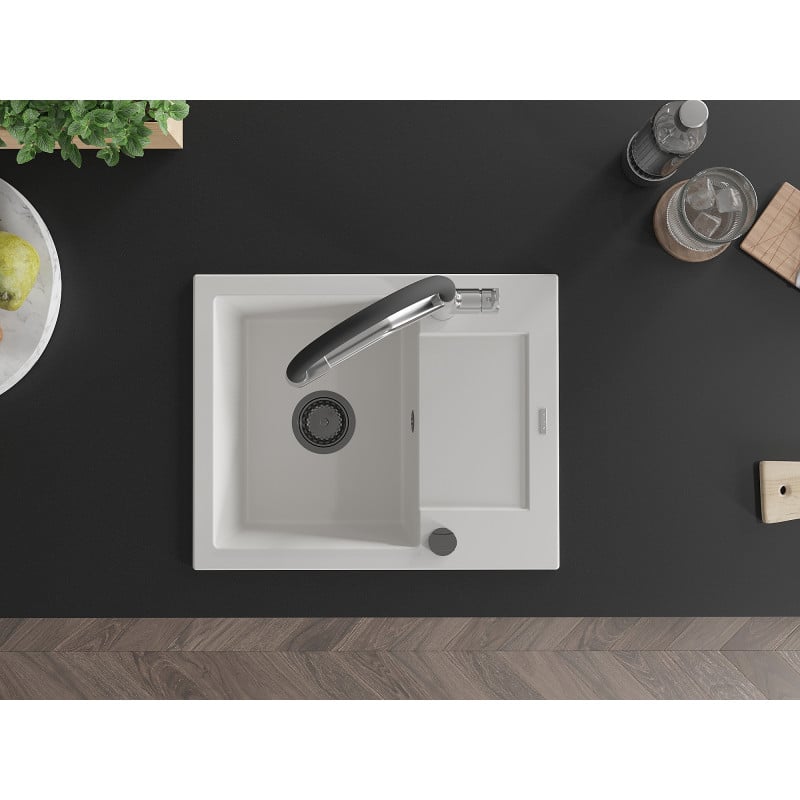 Mexen Enzo granitinė virtuvės plautuvė su nutekamu griuveliu ir maišytuvu Duo, balta - 6506-20-671701-07-B