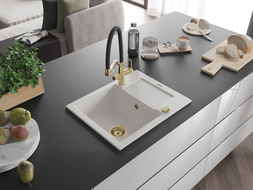 Mexen Enzo 1-aukštė granitinė plautuvė su lašėjimo zona ir virtuviniu maišytuvu Duo, balta - 6506-20-671701-57-G