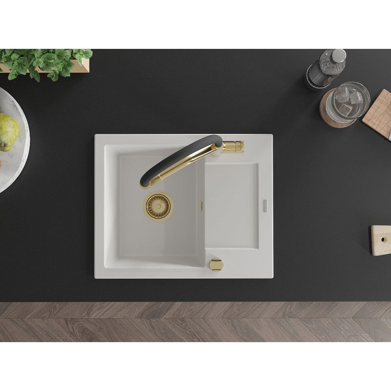 Mexen Enzo 1-aukštė granitinė plautuvė su lašėjimo zona ir virtuviniu maišytuvu Duo, balta - 6506-20-671701-57-G