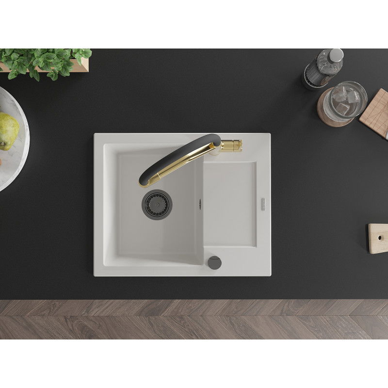 Mexen Enzo granitinė kriauklė su viena kamera, drenažo lentyna ir Duo virtuviniu maišytuvu, balta - 6506-20-671701-57-B