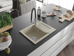 Mexen Enzo granitinė vienos kameros plautuvė su nusausintuvu ir virtuvės maišytuvu Duo, smėlio - 6506-69-671701-07