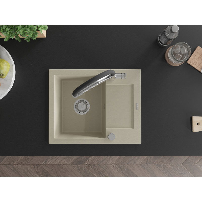 Mexen Enzo granitinė vienos kameros plautuvė su nusausintuvu ir virtuvės maišytuvu Duo, smėlio - 6506-69-671701-07