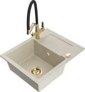 Mexen Enzo vienos plautuvės granito kriauklė su nutekėjimu ir Duo virtuvės maišytuvu, smėlinė - 6506-69-671701-57-G