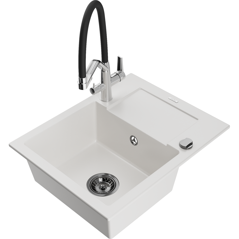 Mexen Enzo granitinė virtuvės plautuvė su nutekamu griuveliu ir maišytuvu Duo, balta - 6506-20-671701-07-B