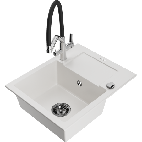 Mexen Enzo granitinė virtuvės plautuvė su nutekamu griuveliu ir maišytuvu Duo, balta - 6506-20-671701-07-B