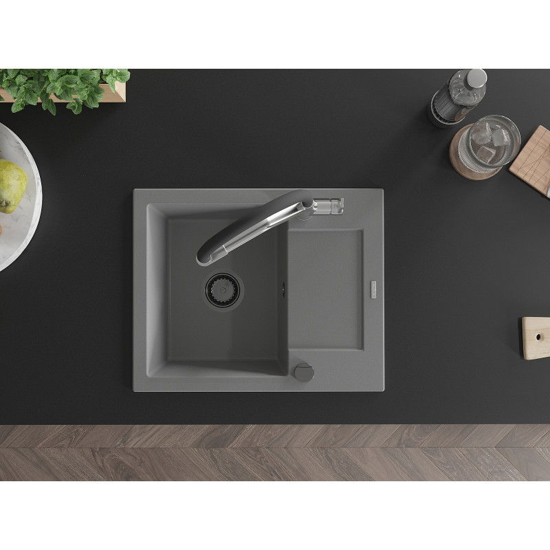 Mexen Enzo granitinis vienos plautuvės kriauklė su nutekamu ir Duo virtuvės maišytuvu, pilkas - 6506-71-671701-07-B