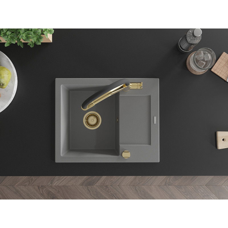 Mexen Enzo vienos kameros granitinė virtuvės plautuvė su nutekėjimo skydu ir Duo virtuvės čiaupu, pilka - 6506-71-671701-57-G