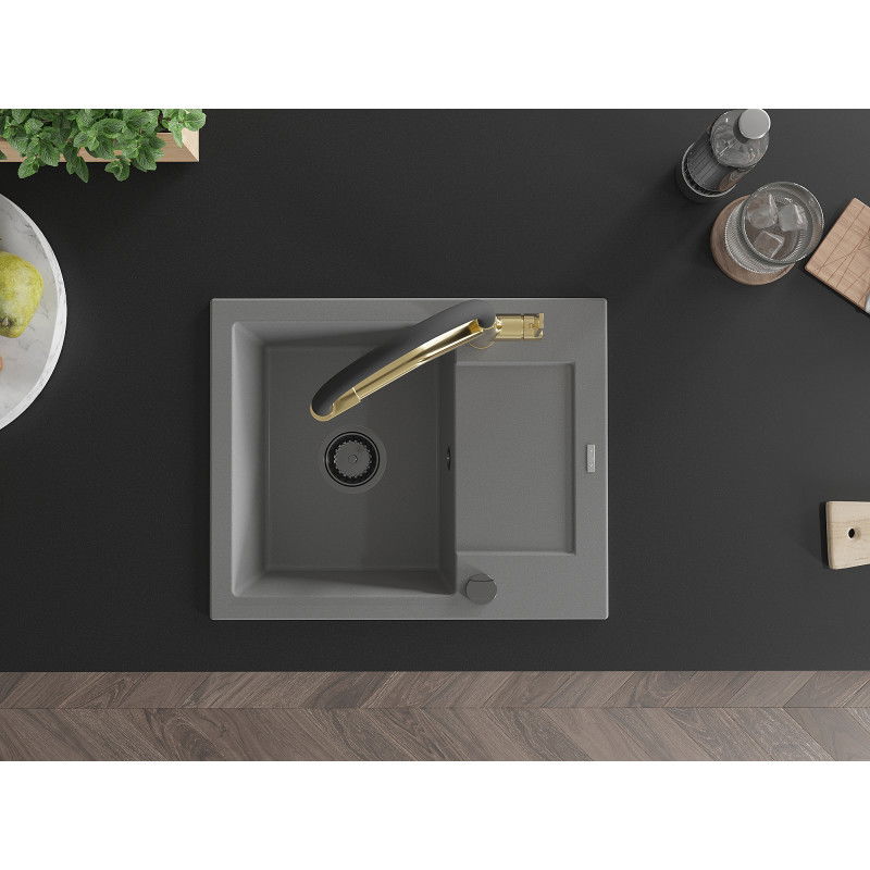 Mexen Enzo granitinis vienos kameros virtuvės kriauklė su nutekėjimu ir virtuviniu maišytuvu Duo, pilka - 6506-71-671701-57-B