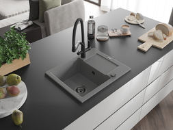 Mexen Enzo granitinė vienos plautuvės kriauklė su lašintuvu ir virtuviniu maišytuvu Duo, pilka - 6506-71-671701-70-B