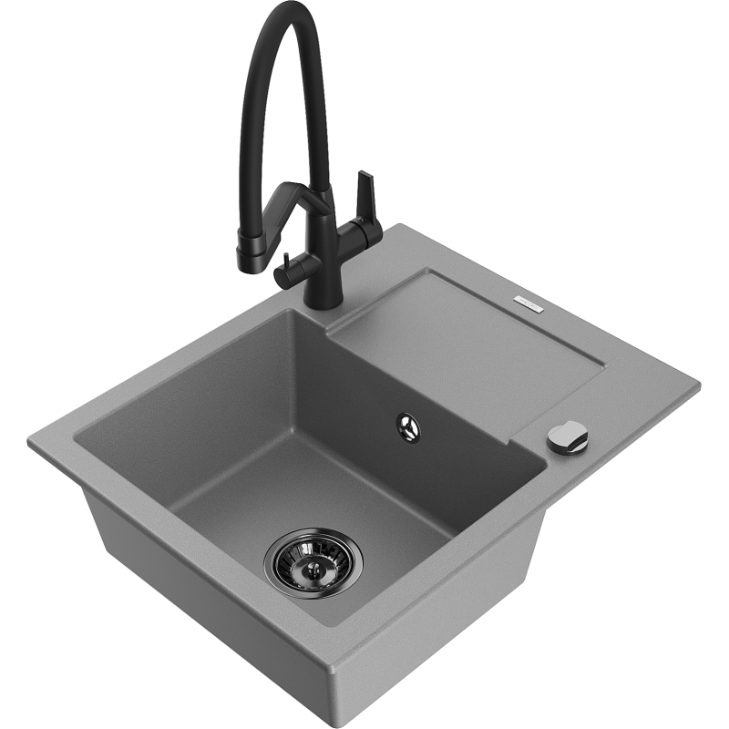Mexen Enzo granitinė vienos plautuvės kriauklė su lašintuvu ir virtuviniu maišytuvu Duo, pilka - 6506-71-671701-70-B