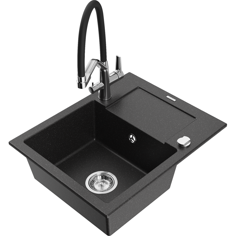 Mexen Enzo granitinė 1-skyrių kriauklė su drenažu ir virtuvės maišytuvu Duo, juoda/sidabrinė metaliko spalva