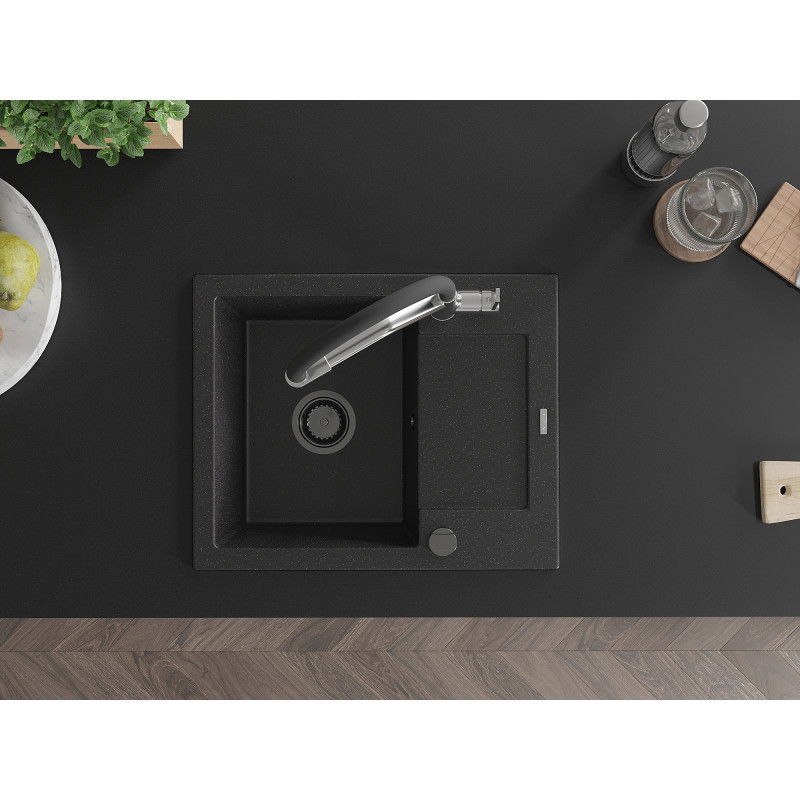 Mexen Enzo vieno dubens akmens masės virtuvės kriauklė su nusausinimo lenta ir virtuviniu maišytuvu Duo, juoda/sidabrinė