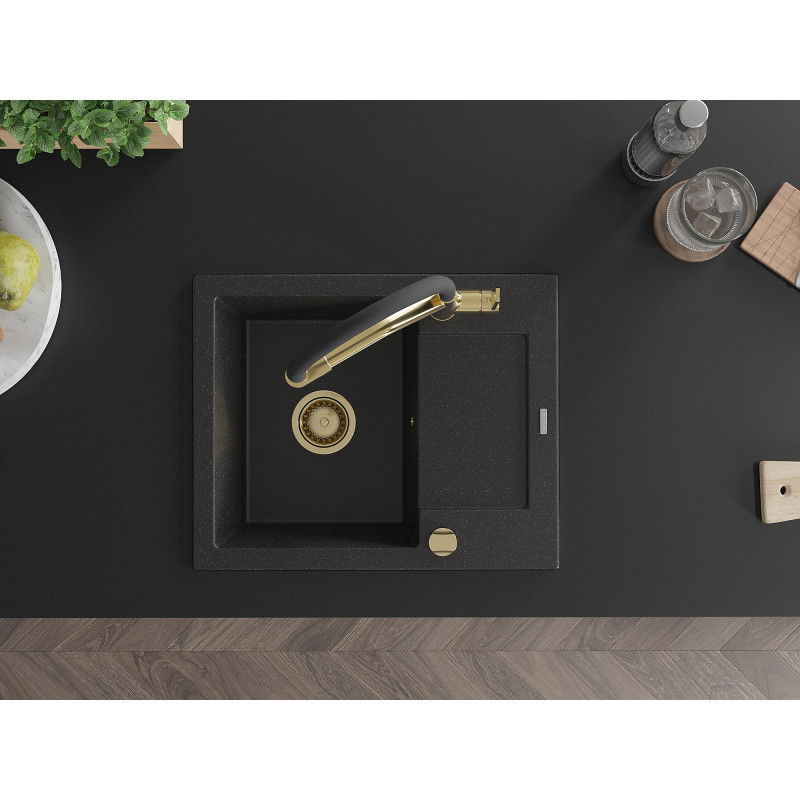 Mexen Enzo Granitinė vienos kameros kriauklė su nutekamu ir virtuviniu maišytuvu Duo, juoda/sidabrinė metalo spalva