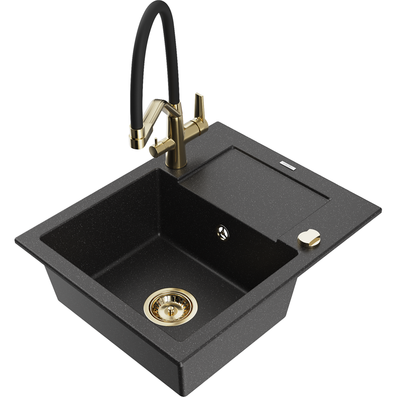 Mexen Enzo Granitinė vienos kameros kriauklė su nutekamu ir virtuviniu maišytuvu Duo, juoda/sidabrinė metalo spalva