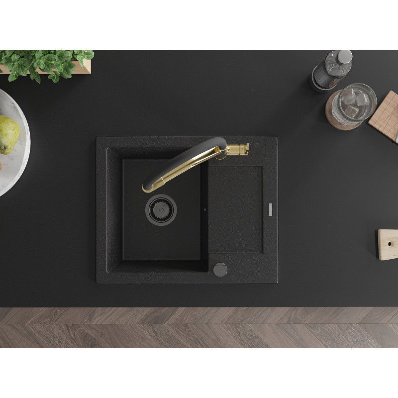 Mexen Enzo vienos plautuvės granitinė virtuvinė kriauklė su nutekamuoju paviršiumi ir maišytuvu Duo, juoda/sidabrinė