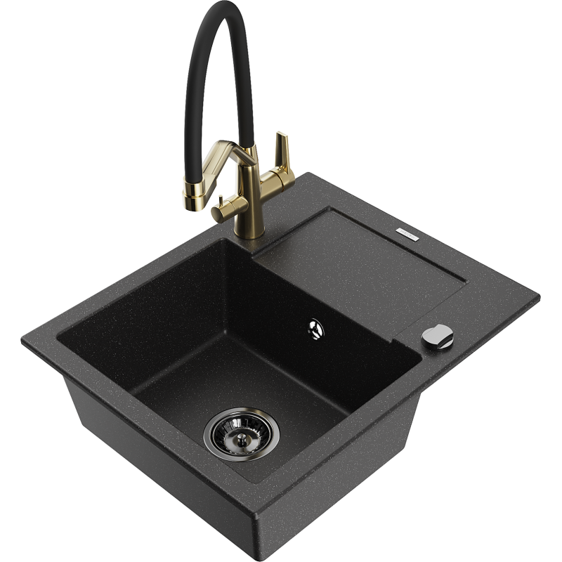 Mexen Enzo vienos plautuvės granitinė virtuvinė kriauklė su nutekamuoju paviršiumi ir maišytuvu Duo, juoda/sidabrinė