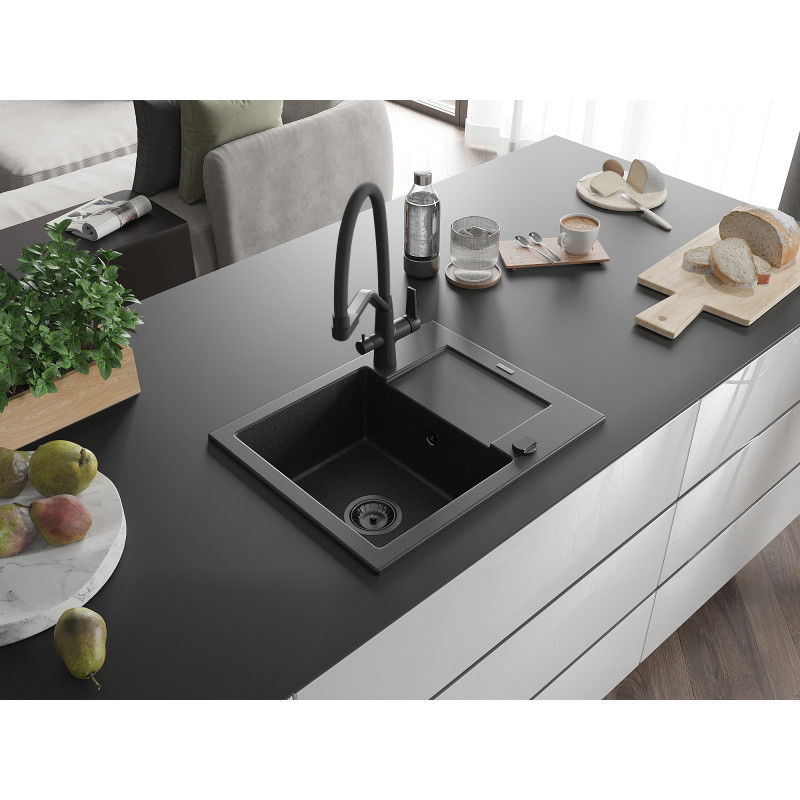 Mexen Enzo vieno dubens granitinė plautuvė su nusausinimo lentyna ir virtuvės maišytuvu Duo, juoda/sidabro metalikas