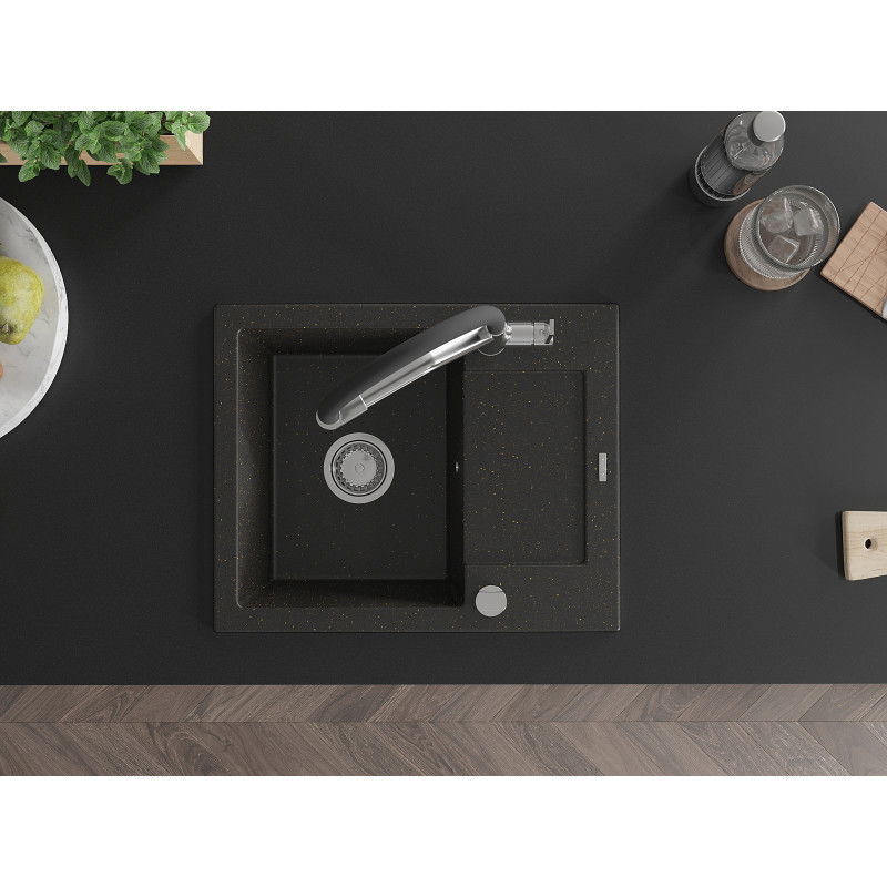 Mexen Enzo 1 dubensio granitinė virtuvės plautuvė su drenažu ir maišytuvu Duo, juodas/auksinis metalikas - 6506-75-671701-07