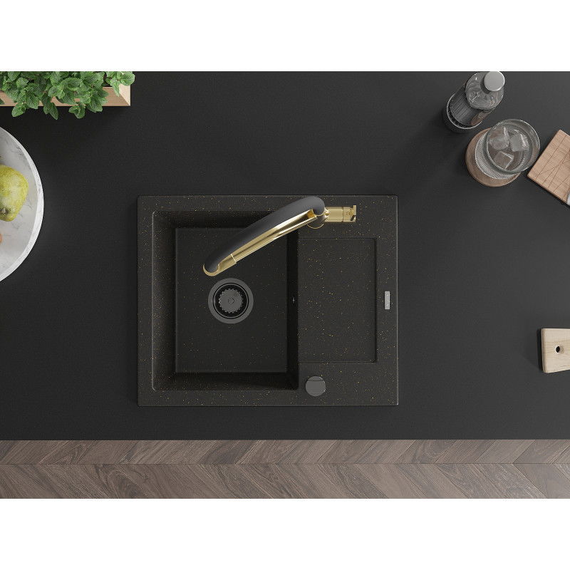 Mexen Enzo vienos dalies praustuvas su nutekamuoju ir virtuviniu maišytuvu Duo, juodas/aukso metalikas - 6506-75-671701-57-B