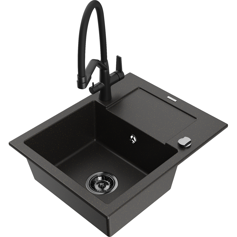 Mexen Enzo granitinis vienos kameros virtuvės kriauklė su nutekėjimu ir Duo virtuvės maišytuvu, juodas/auksinis metalikas