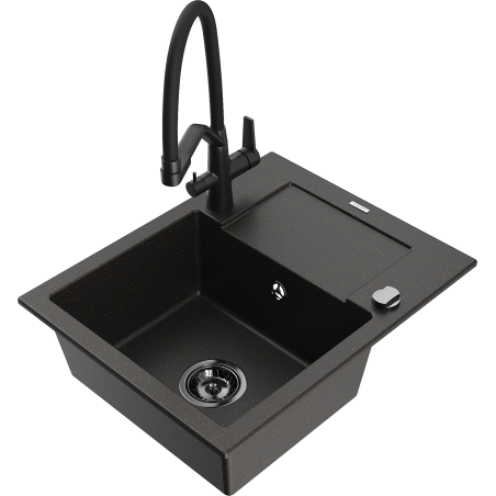 Mexen Enzo granitinis vienos kameros virtuvės kriauklė su nutekėjimu ir Duo virtuvės maišytuvu, juodas/auksinis metalikas