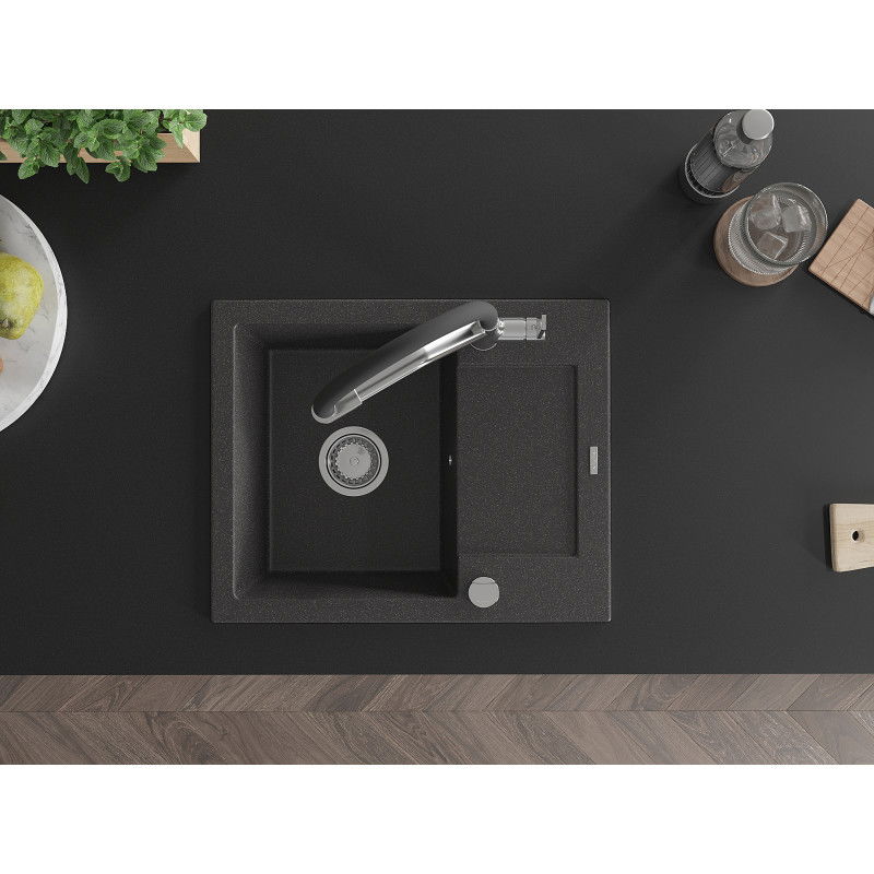 Mexen Enzo vienos kameros granitinė plautuvė su nutekėjimo zona ir Duo virtuviniu maišytuvu, juodas dėmėtas - 6506-76-671701-07
