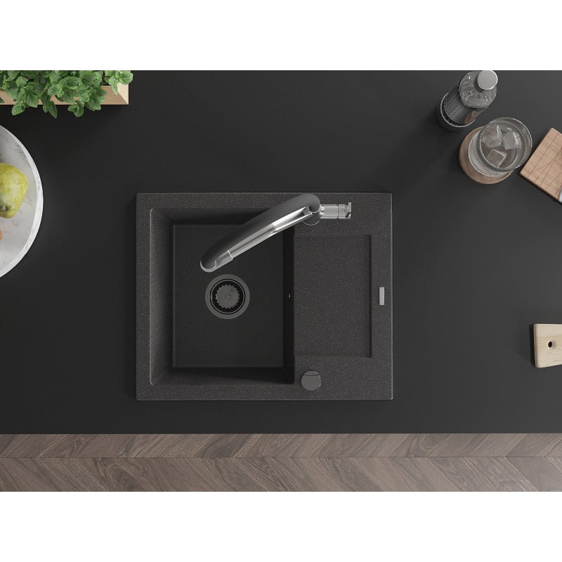 Mexen Enzo granitinis virtuvinis kriauklė su nutekejimu ir Duo virtuviniu maišytuvu, juoda su taškučiais