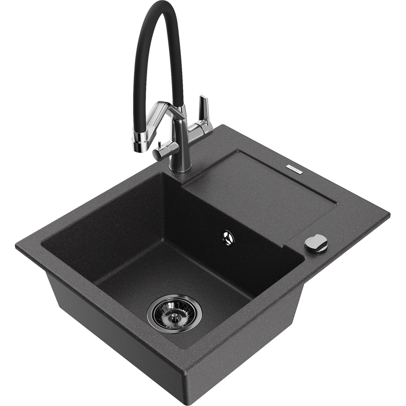 Mexen Enzo granitinis virtuvinis kriauklė su nutekejimu ir Duo virtuviniu maišytuvu, juoda su taškučiais