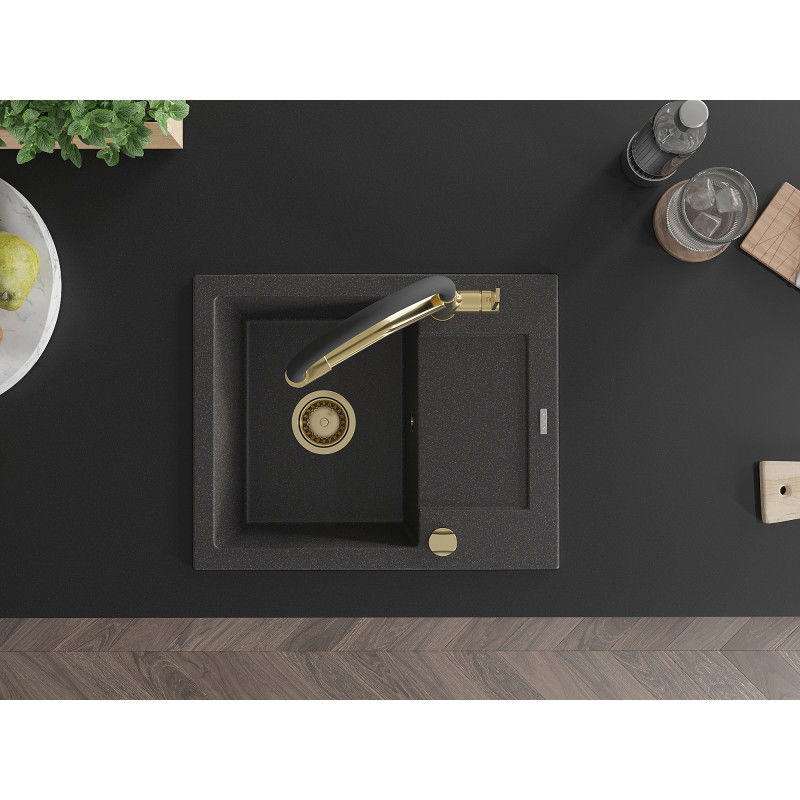 Mexen Enzo granitinė vienos kameros plautuvė su drenažu ir virtuviniu maišytuvu Duo, juoda dėmėta - 6506-76-671701-57-G