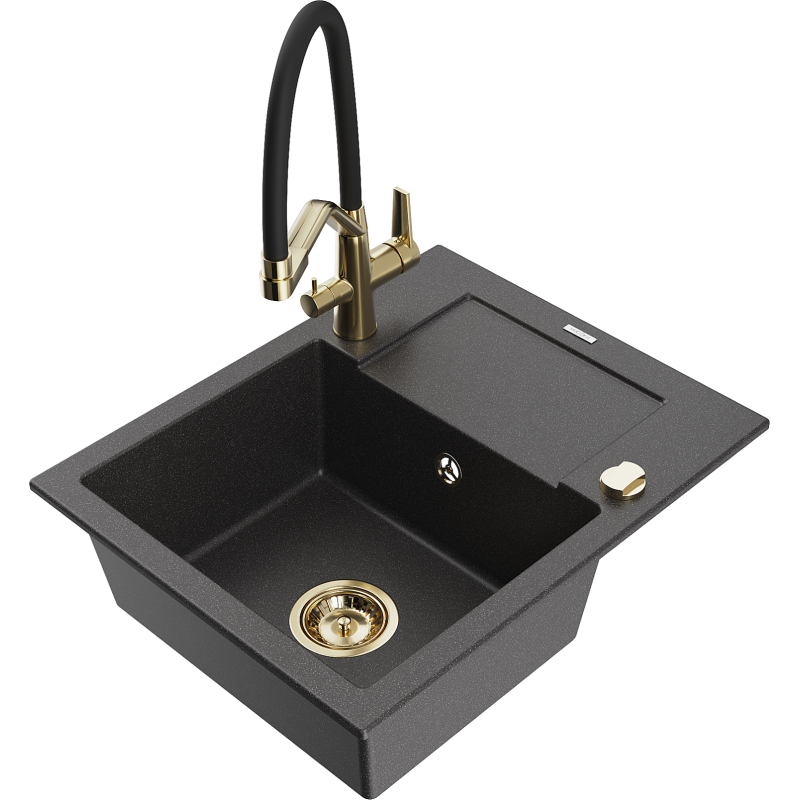 Mexen Enzo granitinė vienos kameros plautuvė su drenažu ir virtuviniu maišytuvu Duo, juoda dėmėta - 6506-76-671701-57-G