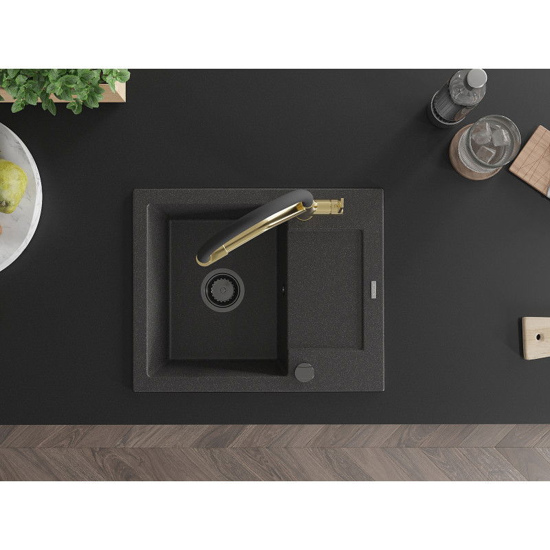 Mexen Enzo 1-dubens granitinė kriauklė su lašykla ir Duo virtuvės maišytuvu, juoda taškuota - 6506-76-671701-57-B