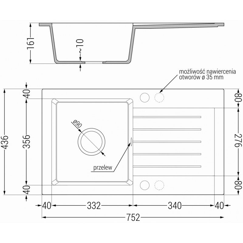 Mexen Pablo granitinis vienos kameros plautuvas su nusausintuvu 752 x 436 mm, juodas, sifonas chromuotas - 6510751010-77